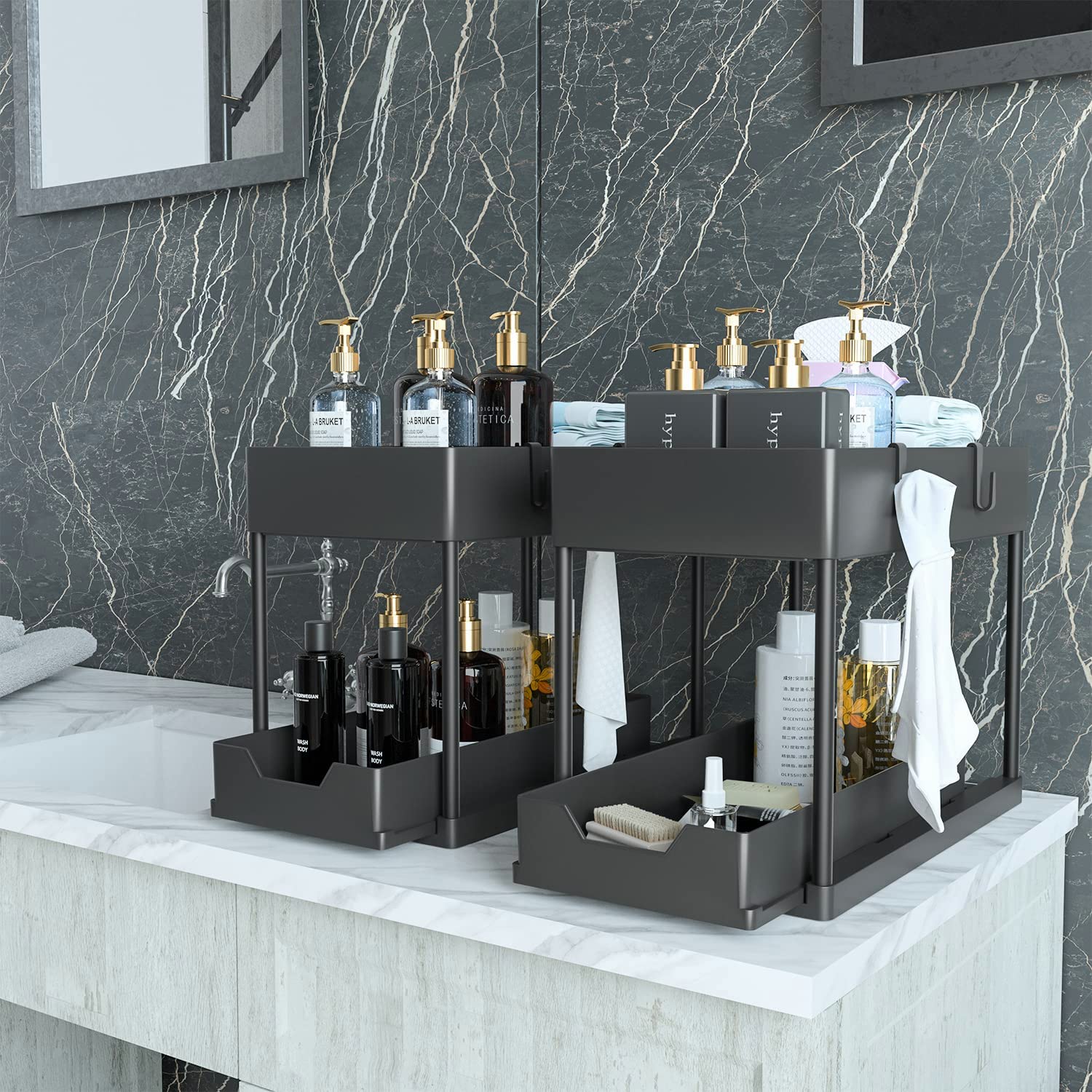 Under Sink Organizer 2 Set - Tomekji Under Sink Storage, Sliding Drawer Pull Out with Hooks for Kitchen Bathroom, No Hanging Cups（Black）