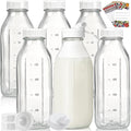 Glass Milk Bottles w 100% Airtight Screw Lids and 2 Pour Spouts- 6 Pack 32 Oz Smoothie Bottles - Food Grade Glass Water Bottles for Almond Milk, Green Juice, Maple Syrup - Dishwasher Safe(Extra Lids)