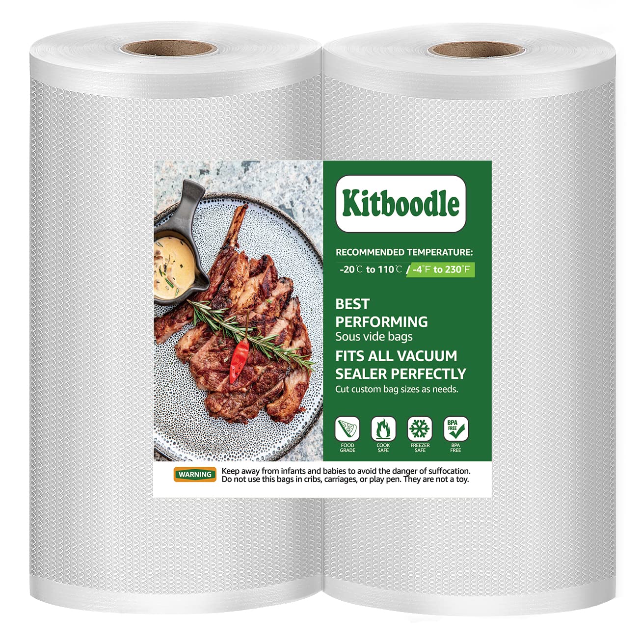 Vacuum Sealer Bags 8" x 50' Rolls 2 Pack for Food Saver, Heavy Duty Commercial Grade Vacuum Bags for Vac Storage, Meal Prep, Vacuum Seal Bags for Sous Vide, BPA Free