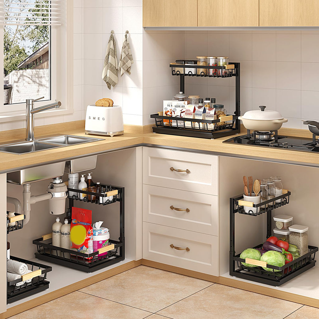 Sevenblue 2 Pack Under Sink Organizer, Height Adjustable 2 Tier Under Sink Organizer Kitchen, Multi-Purpose Storage Shelf for Kitchen Bathroom Cabinet (Black, Large)