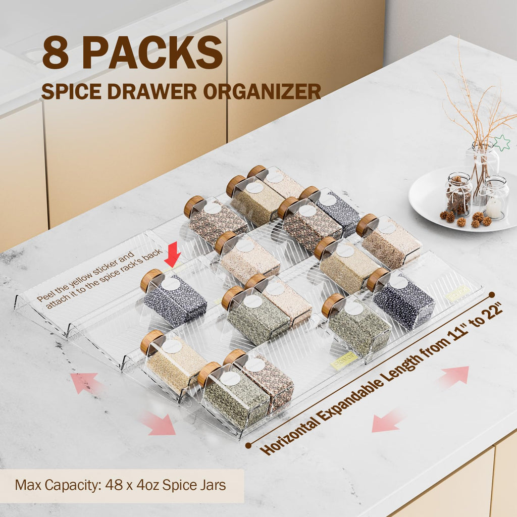 PanPanPal Spice Drawer Organizer, 8 Pack Clear Seasoning Organizer Rack, Expandable From 11" to 22" Wide Kitchen Spice Rack Organizers for Drawer, Countertop (Jars Not Included)