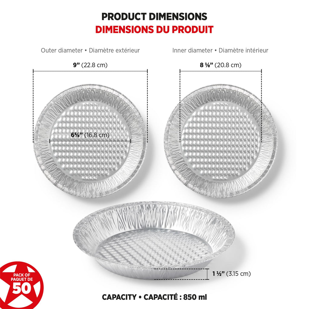 Starfrit 50-Pack Aluminum Pie Plates, 9” (23 cm), Perfect for Baking Pies, Chicken Pot Pies & Quiches, Recyclable, Disposable, Oven & Freezer Safe