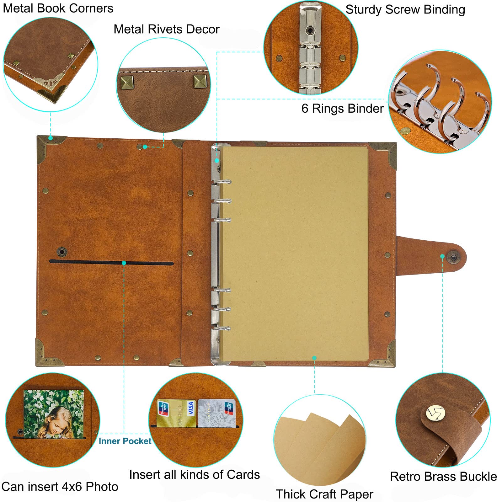SEEHAN A5 Binder Journal Notebook 6 Rings Binder Vintage Leather Blank Writing Journals Sketchbook Travel Journal 200 Pages
