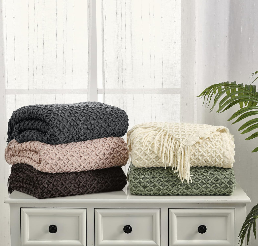 CREVENT Farmhouse Boho Knitted Throw Blanket for Couch Sofa Chair Bed Home Decoration, Soft Warm Cozy Light Weight for Spring Summer Fall (127cmX152cm Sage Green)