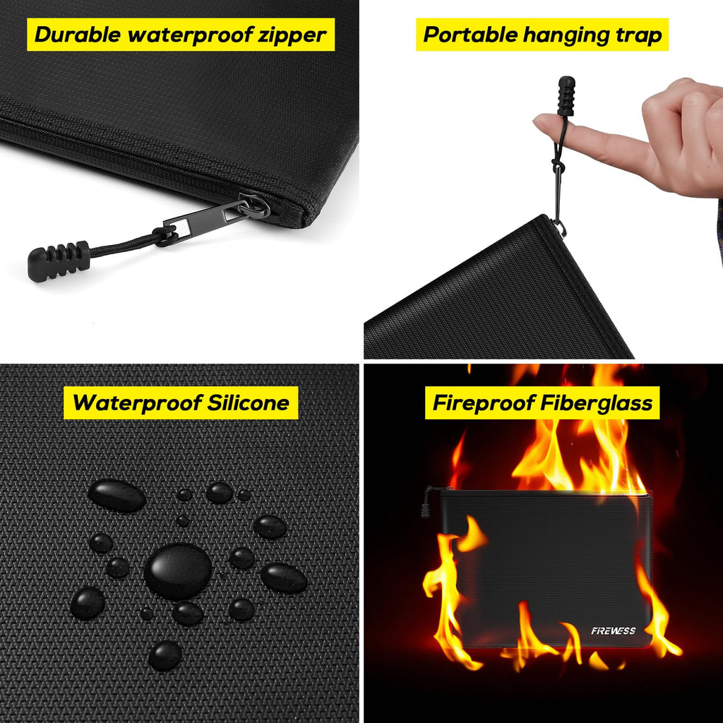 Fireproof Document Bag -2 Pack 13.4"x10" and 11"x6" Non-Itchy Fireproof Money Bag, Waterproof Zipper Holder for Valuables, Fire & Water Resistant Safe Pouch for File,Cash,Passport,Keys