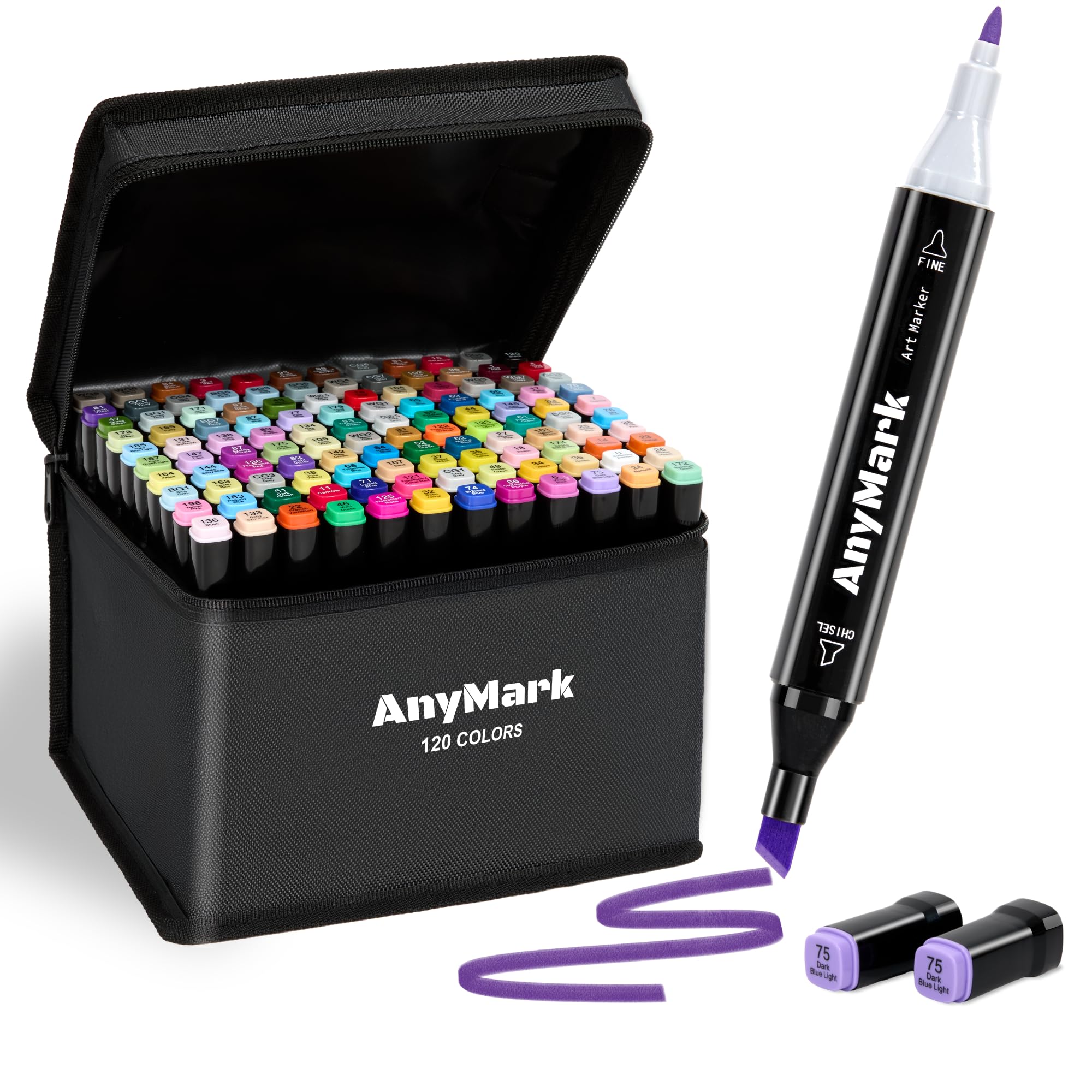 AnyMark Alcohol Markers, 120 Colors Alcohol Markers Set, Dual Tips Alcohol-Based Art Markers for Adult Drawing Coloring Sketch, Chisel & Fine Tips, Black Penholder