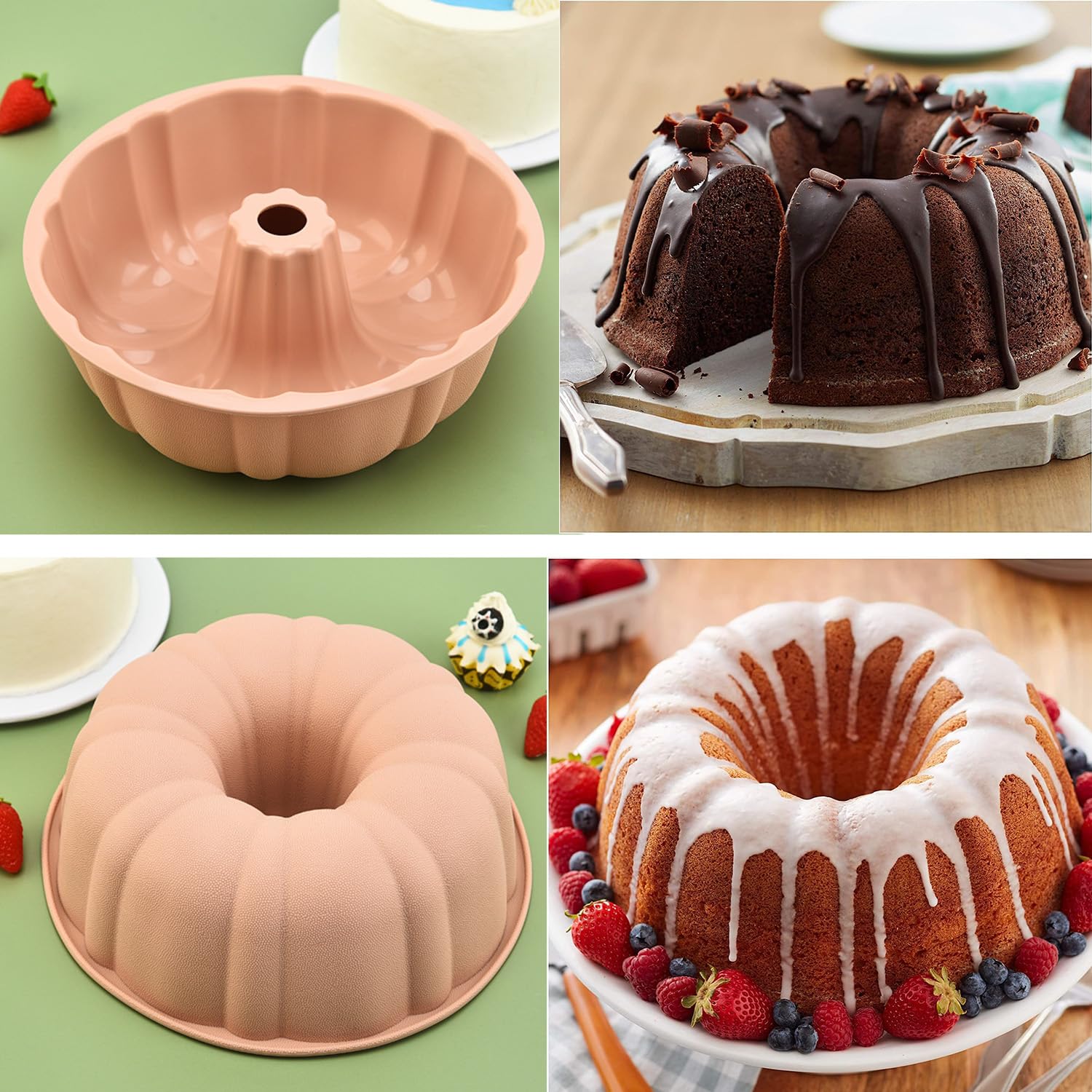 Lqucwepp 2PCS 10 Inch Cake Pan,Nonstick Fluted Cake Pan,Large Size Silicone Baking Molds for Bavarois, Brownie, Jello, Flan, Meatloaf,Pudding