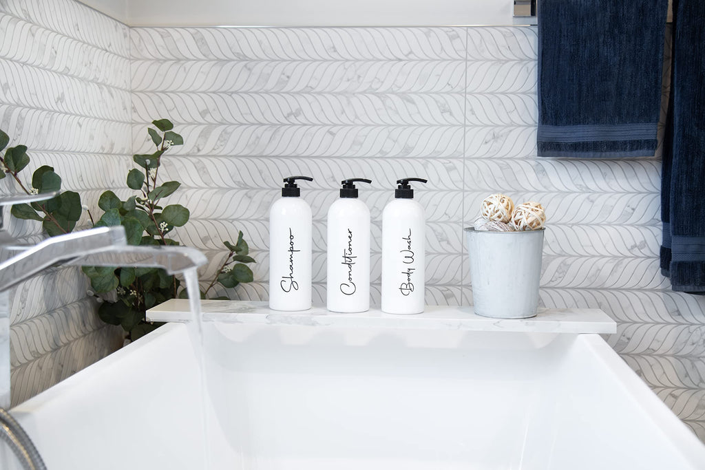 Alora 16oz Refillable Shampoo and Conditioner Dispenser Bottles - Set of 3 - Stylish Labels - Pump Bottle Dispenser for Shampoo, Conditioner, Body Wash - Empty Plastic Refillable Containers for Shower