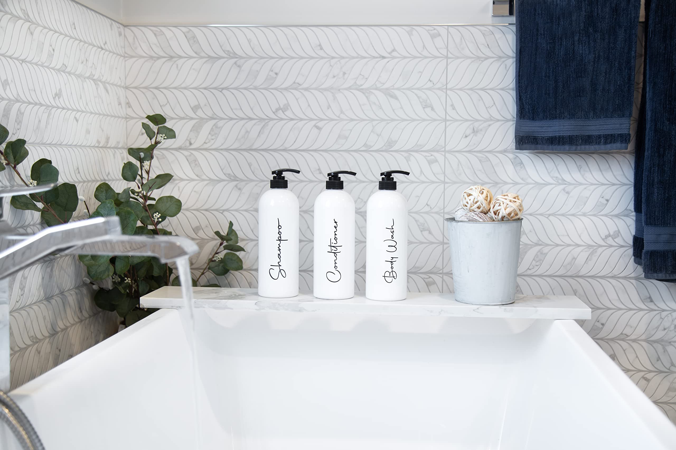 Alora 16oz Refillable Shampoo and Conditioner Dispenser Bottles - Set of 3 - Stylish Labels - Pump Bottle Dispenser for Shampoo, Conditioner, Body Wash - Empty Plastic Refillable Containers for Shower