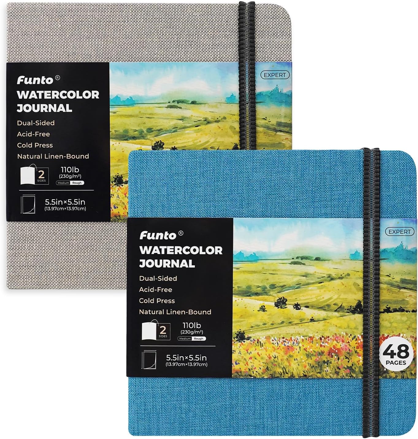 Funto Watercolor Journal, Square, Dual-Sided Cold-Pressed Paper, 5.5" x 5.5", Portable 2-Pack, 48 Pages Each, Elastic Band, 110 lb/230gsm, Art Supplies for Mixed Media