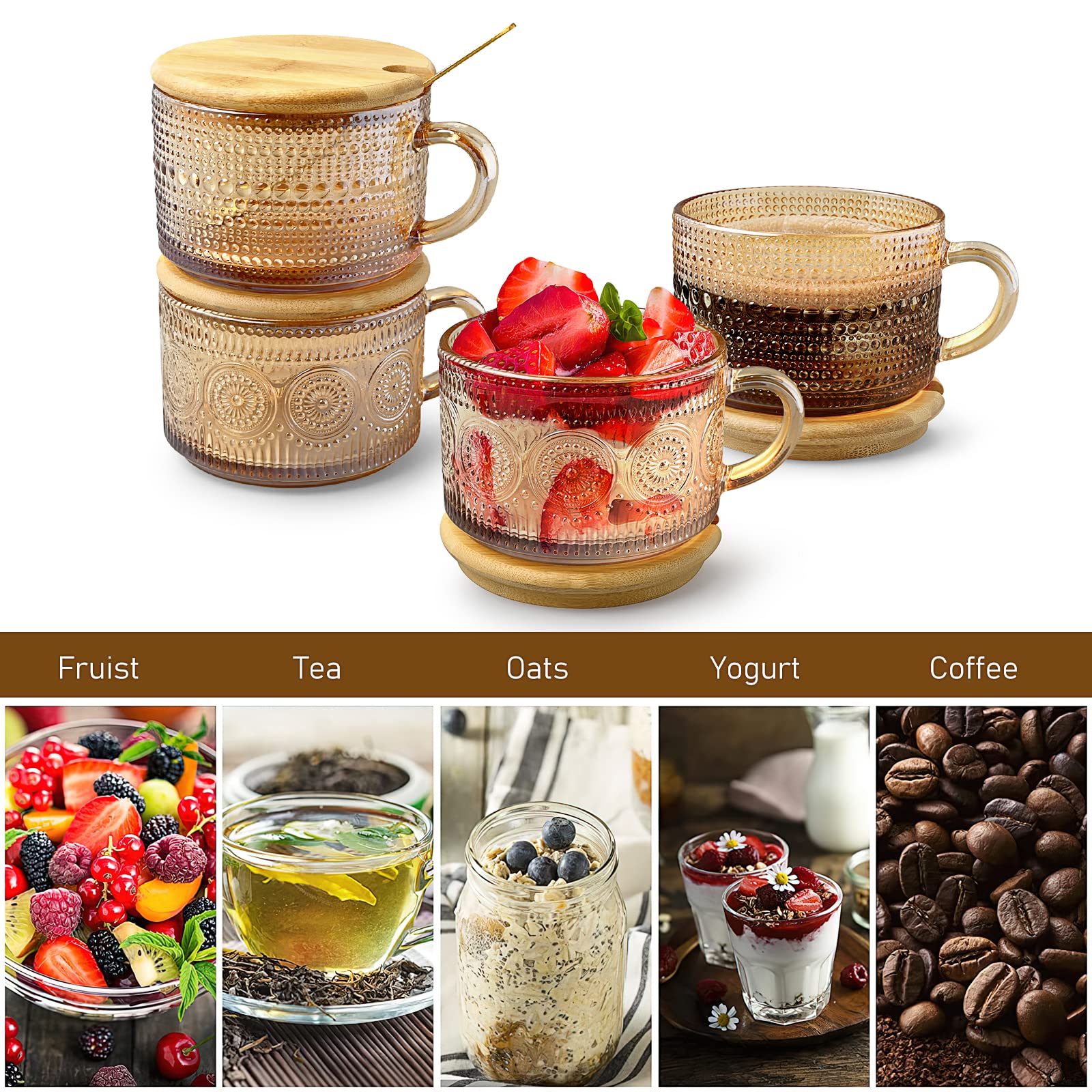 Vintage Coffee Mug Set - 4 Glass Cups with Bamboo Lids and Spoons, 14 Oz Embossed Glass Coffee Mugs, Stackable, Clear Breakfast Cups for Cereal, Yogurt, Latte, Tea (Amber)