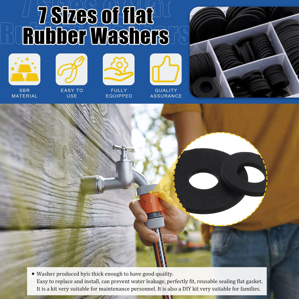 Glarks 175Pcs 7 Sizes Flat Rubber Washers Assortment Kit, 10/12/16/18/20/25/30mm Flat Round Plumbing Washers Heavy Duty Black Rubber Washers Vibration Damping Grommets for Faucet Pipe Hose Repair