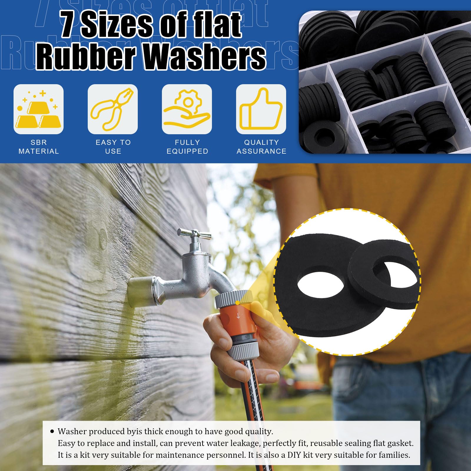 Glarks 175Pcs 7 Sizes Flat Rubber Washers Assortment Kit, 10/12/16/18/20/25/30mm Flat Round Plumbing Washers Heavy Duty Black Rubber Washers Vibration Damping Grommets for Faucet Pipe Hose Repair