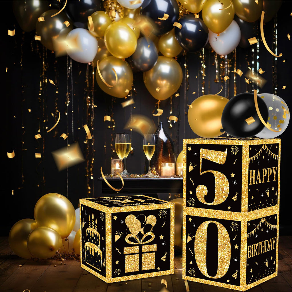 50th Birthday Decorations Boxes for Men- 3PCS Black Gold Happy 50th Birthday Balloons Boxes, 50 Year Old Party Supplies for Men Women