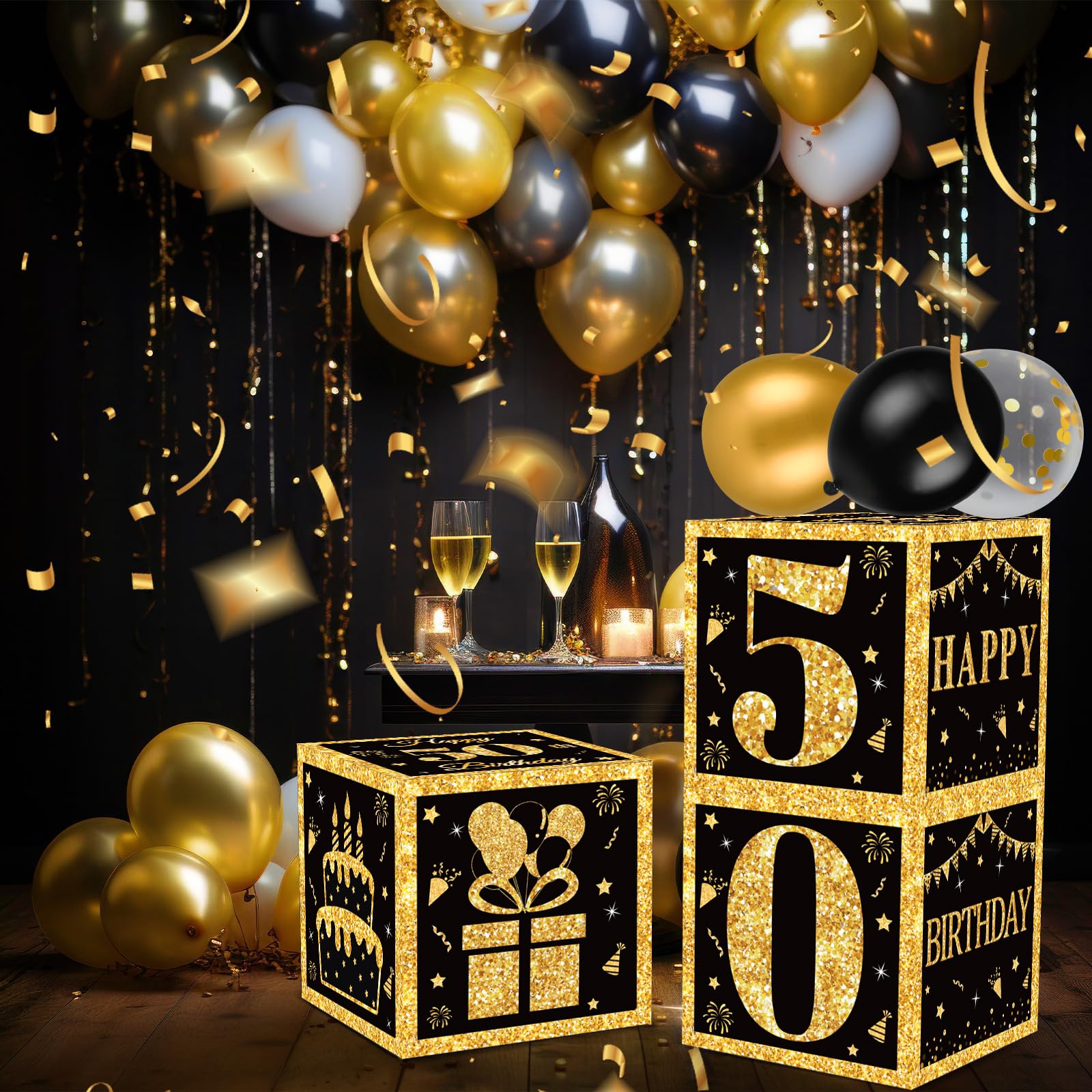 50th Birthday Decorations Boxes for Men- 3PCS Black Gold Happy 50th Birthday Balloons Boxes, 50 Year Old Party Supplies for Men Women