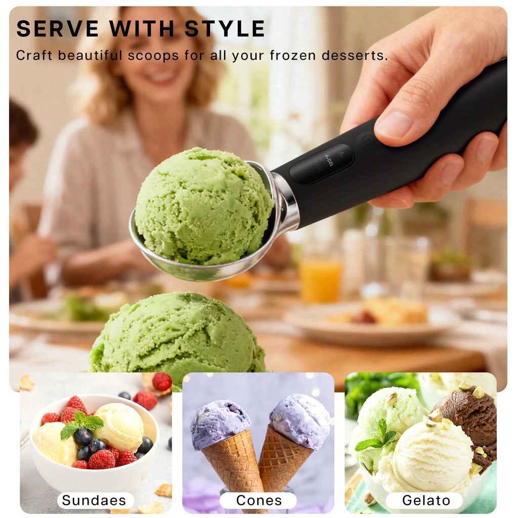 VRAIKO Heated Ice Cream Scoop | Warming Icecream Scooper with 3-Level Adjustable Heats - 120/140/160℉, LED Display, 2600mAh Capacity, Rechargeable | for Hard Ice Cream and More (Black)