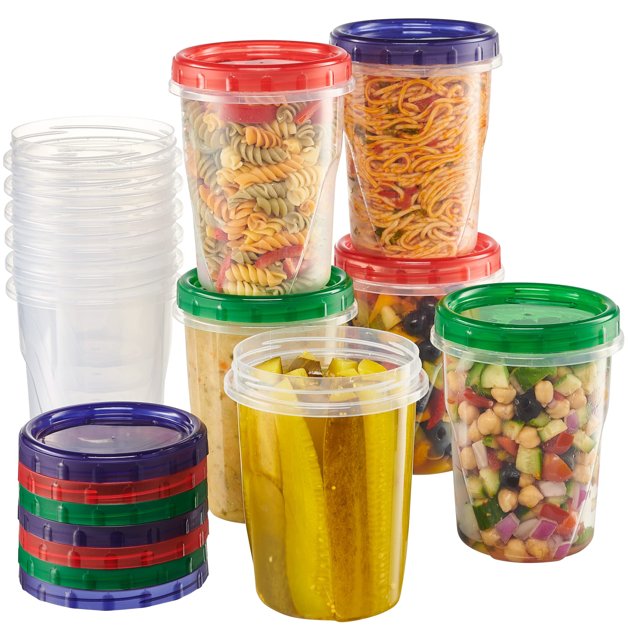ELEGANT DISPOSABLES Twist Top Food Storage Containers 32 oz 12 Pack Plastic Freezer Storage Containers Leakproof Reusable with Screw on Colored Lids 3 Colors