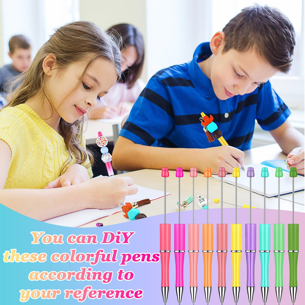 150 Pcs Beadable Pens Bulk Set: 50 Plastic Beaded Pens with 50 Replacement Refills & 50 Gift Bags, 1.0mm Refillable Black Ink DIY Pen Kit for Teachers, Students, Craft Gifts
