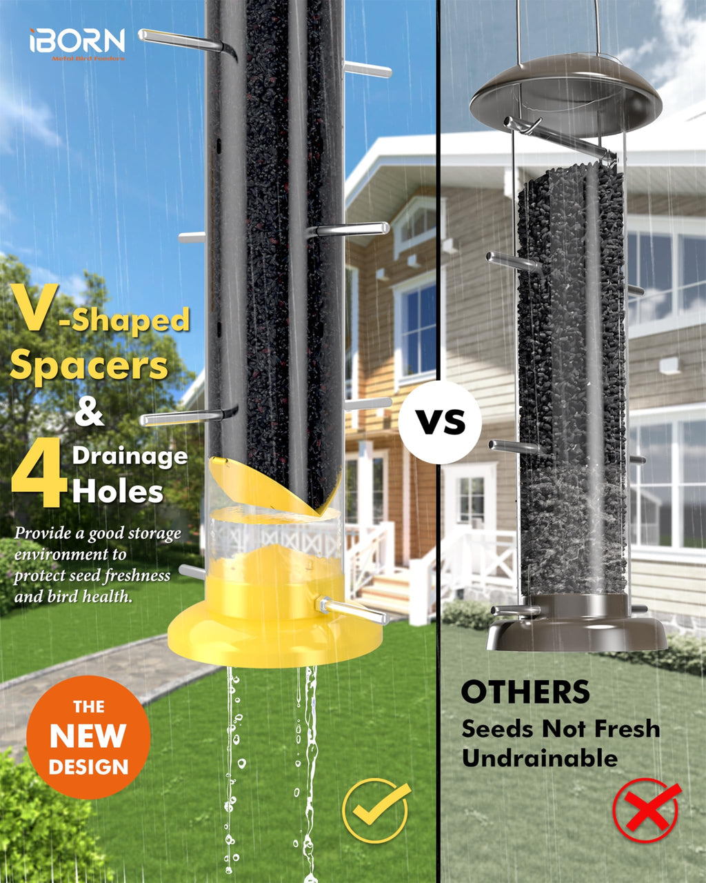 iBorn Nyjer & Thistle Bird Feeder for Outdoors Hanging，Finch Feeders for Outside，Metal Tube Bird Feeder 14 Inch with 12 Small Ports,8 Metal Perches,Yellow