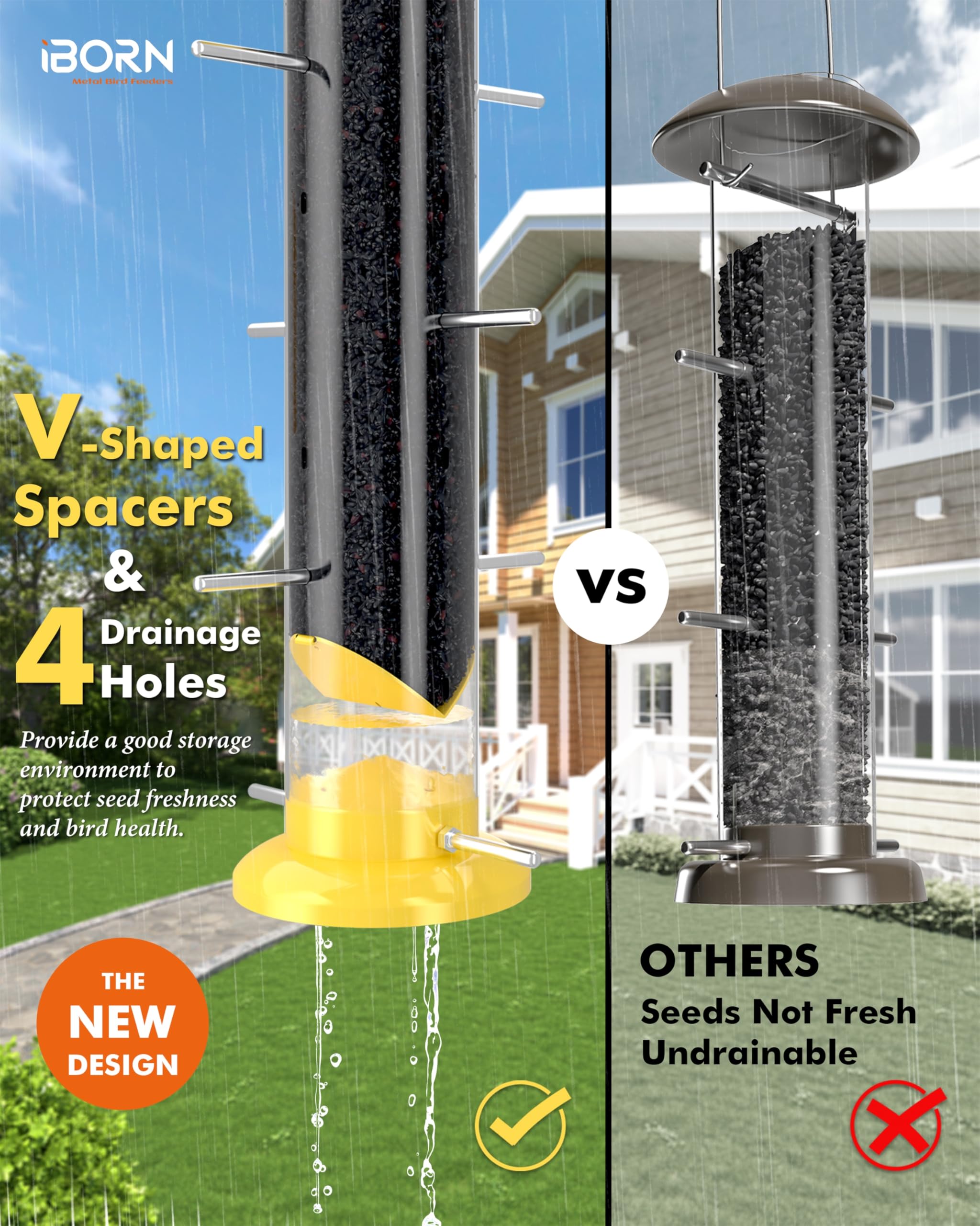 iBorn Nyjer & Thistle Bird Feeder for Outdoors Hanging，Finch Feeders for Outside，Metal Tube Bird Feeder 14 Inch with 12 Small Ports,8 Metal Perches,Yellow
