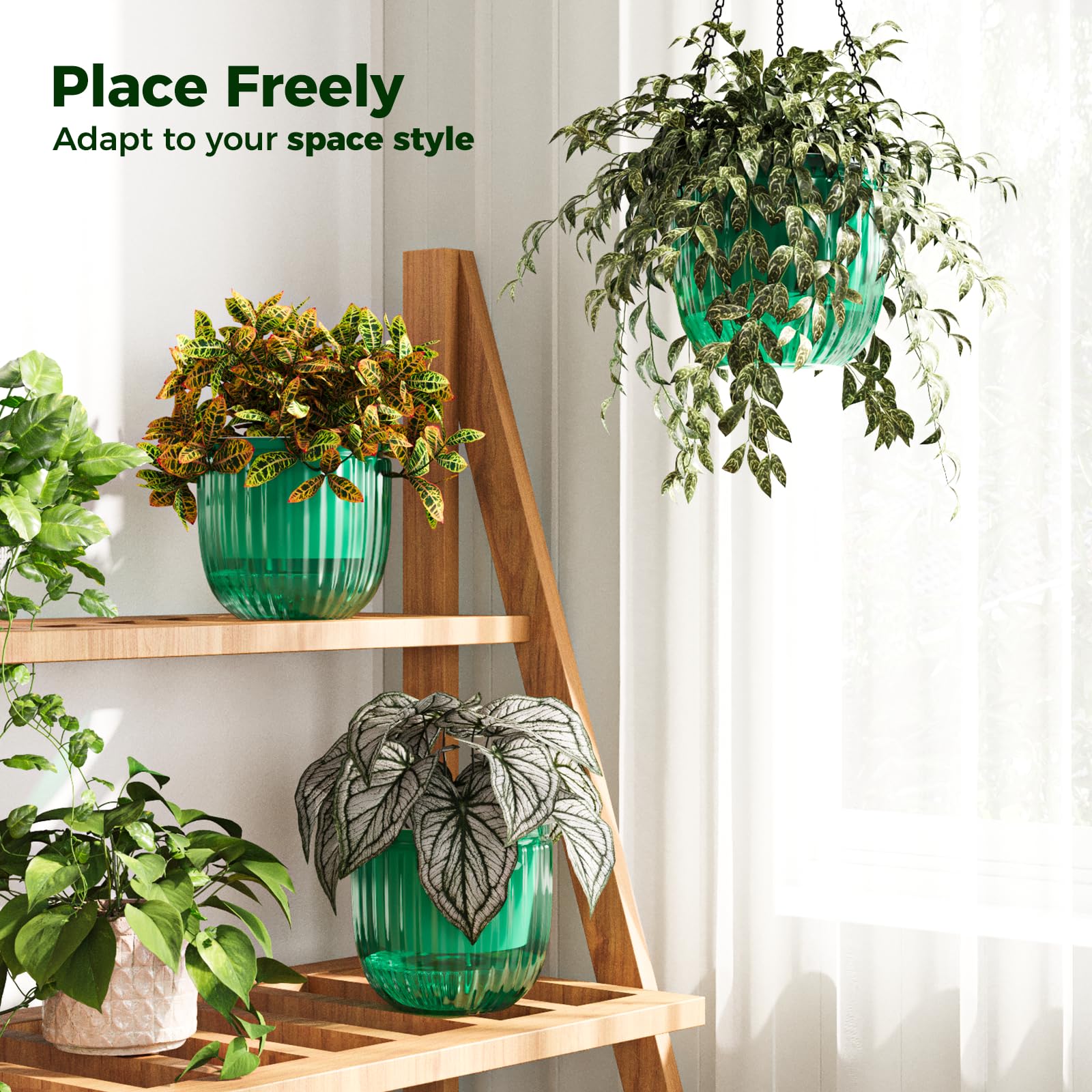 Bamworld Hanging Planters for Indoor Plants Self Watering Pots with Drainage Hole 3 Pack 6.5 Inch Outdoor Plant Hanger Hanging Pots with 3 Hooks Chains Spider Plants Live House Planters(Emerald)
