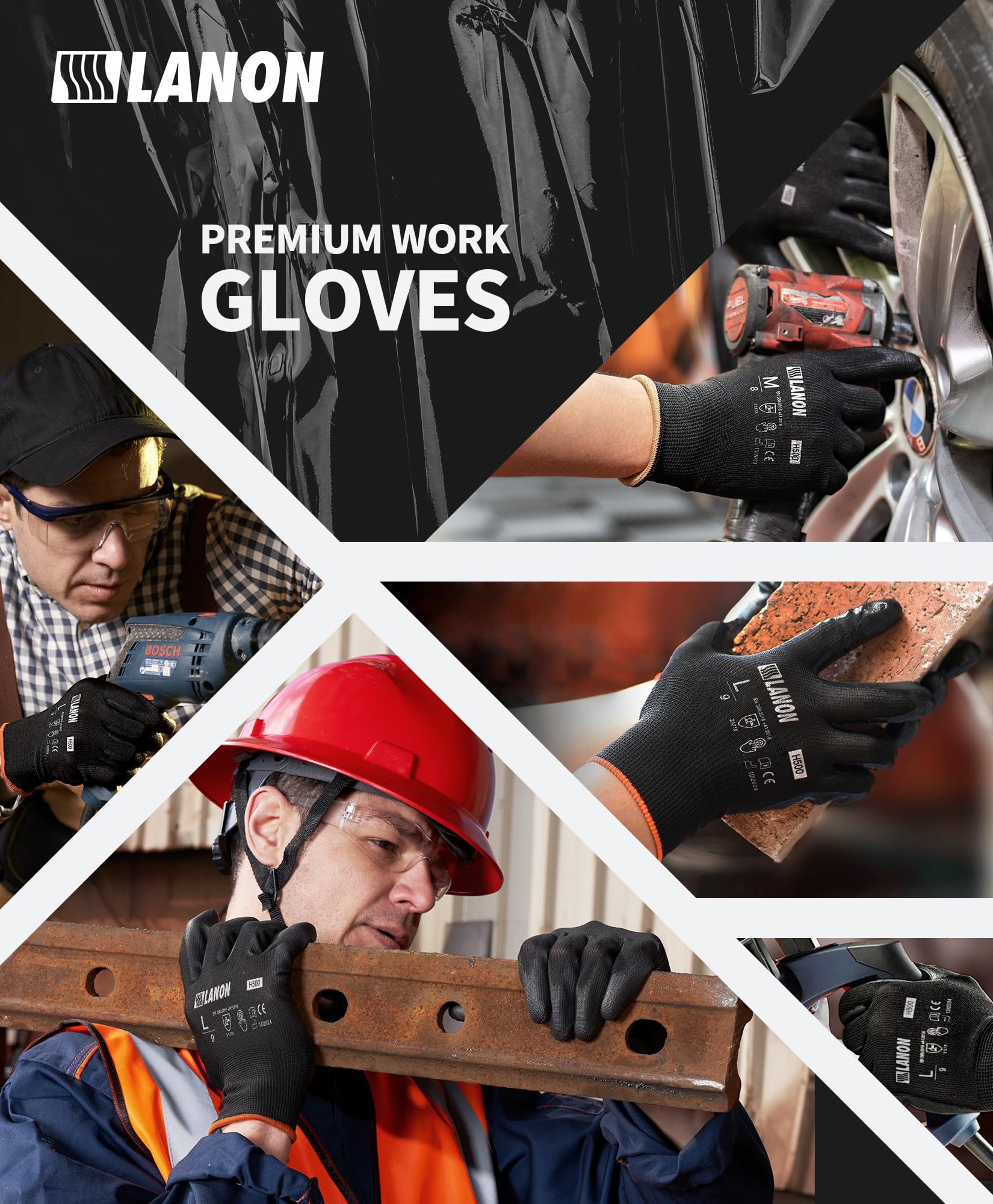 LANON 12 Pairs Safety Work Gloves, Mechanic Working Gloves for Men,Breathable PU Coated, Seamless Knit,Double Wash, Black, Large