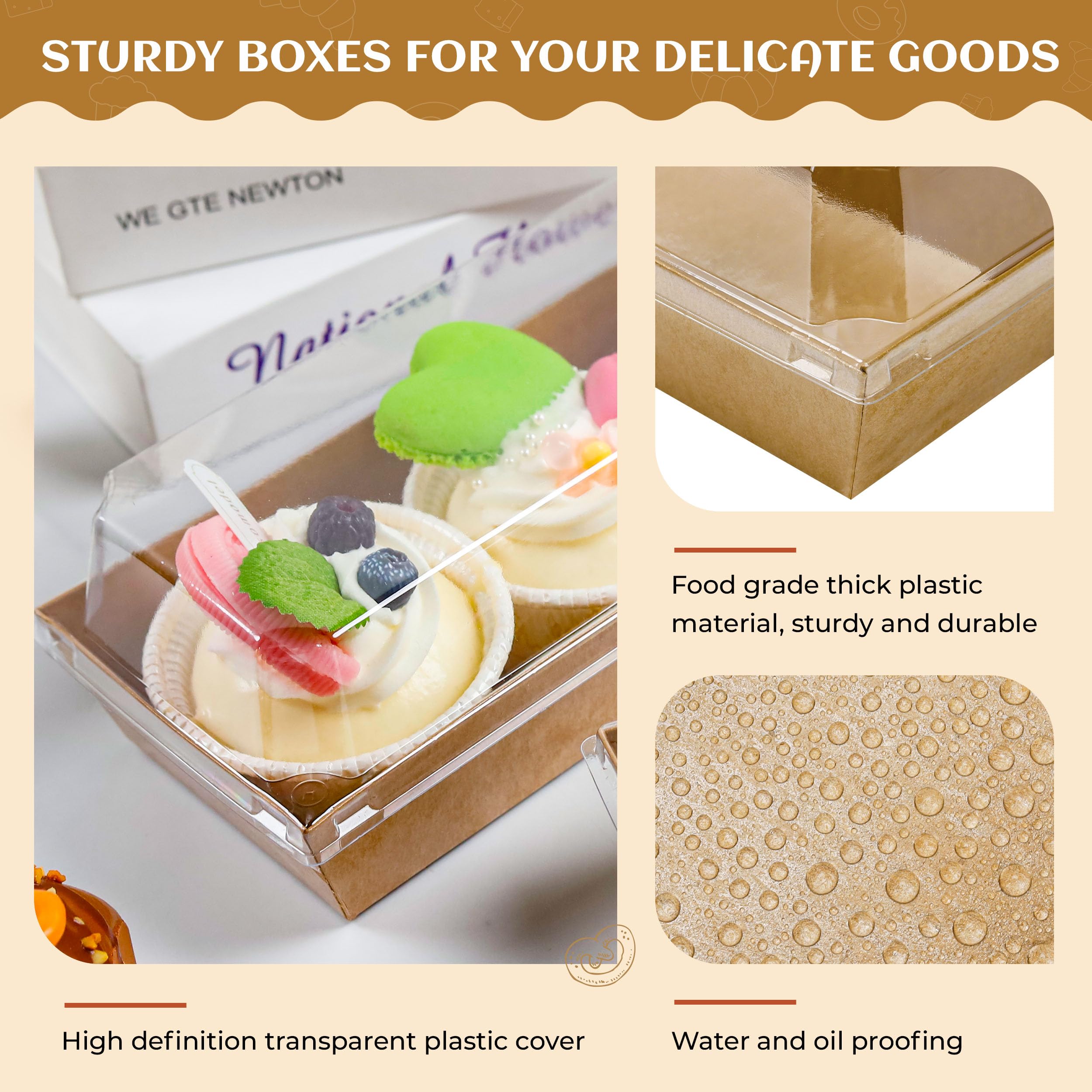 NPLUX Charcuterie Boxes with Clear Lids Mini Dessert Bakery Boxes Disposable To Go Food Containers for Cookie Cake Slice Sushi Strawberry 7.48x3.35x2.5INCH(50 Pack, Brown)