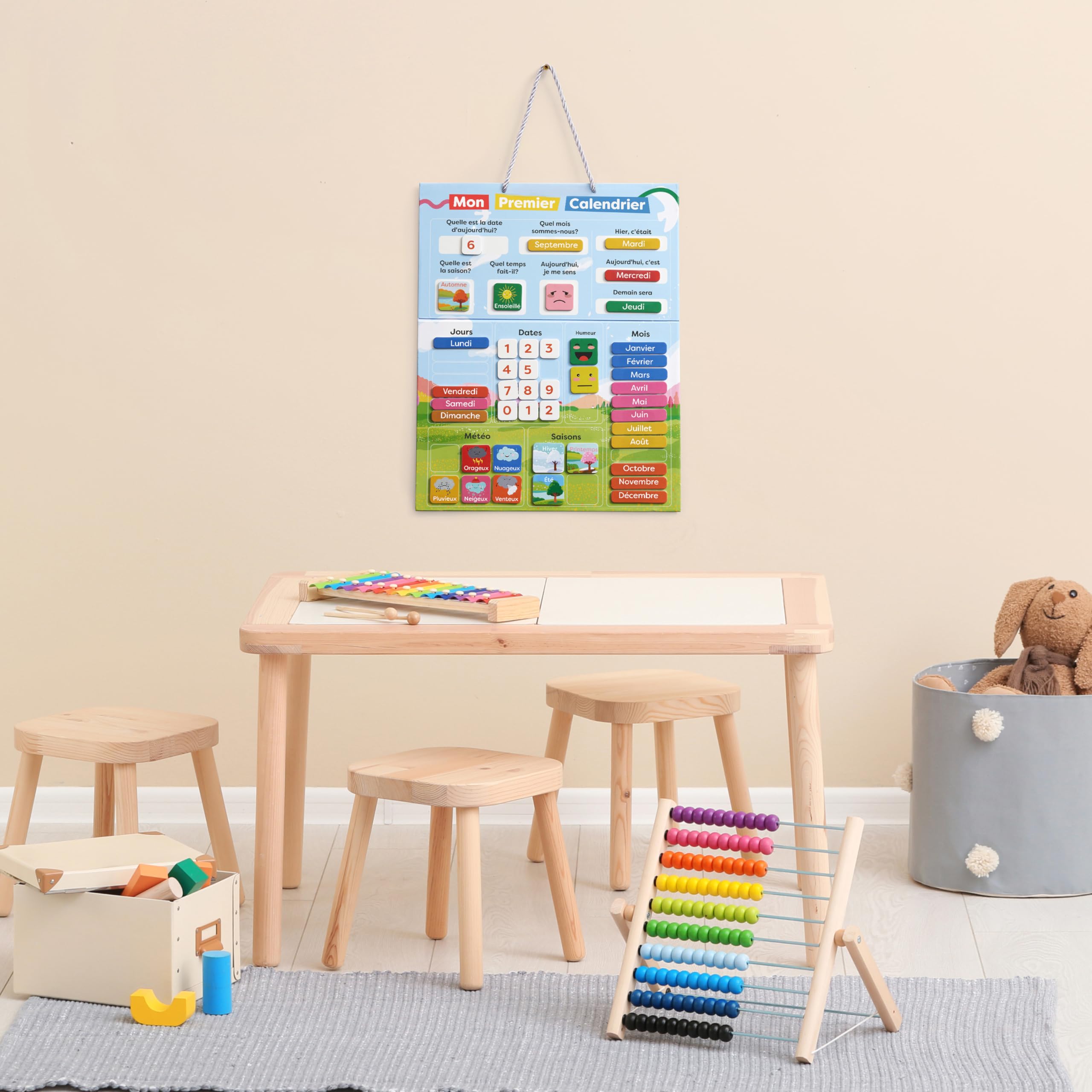 Chuckle - French Magnetic Calendar for Kids with Seasons, Dates, and Weather (40x32 cm) Classroom Wall Calendar, Fun Early Learning First Calendar for Children Aged 4 to 10 & Preschool