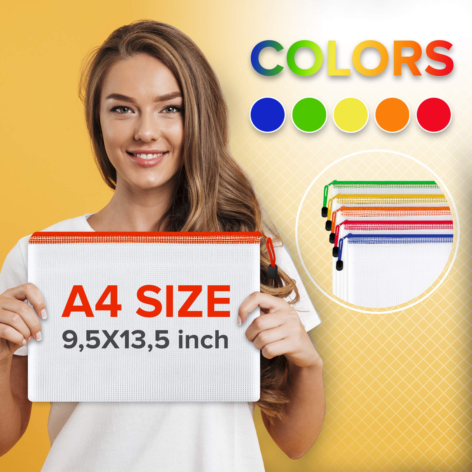 22 Pack A4 Mesh Zipper Pouch Bags - Plastic Zipper Pouches for Organizing 13.5x9.5 in - Document Bags With Zippers - Letter Size Zippered Pouch - Document Pouches With Zippers