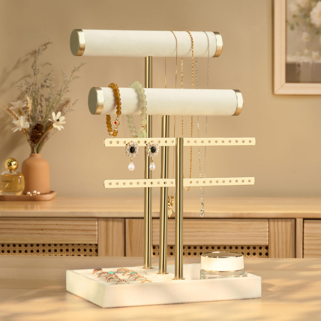 3 Tier Bracelet Holder Display - Beige Velvet Jewelry Organizer Stand, Detachable T Bar Jewelry Holder for Bracelet, Necklace, Watches, Rings, Earrings