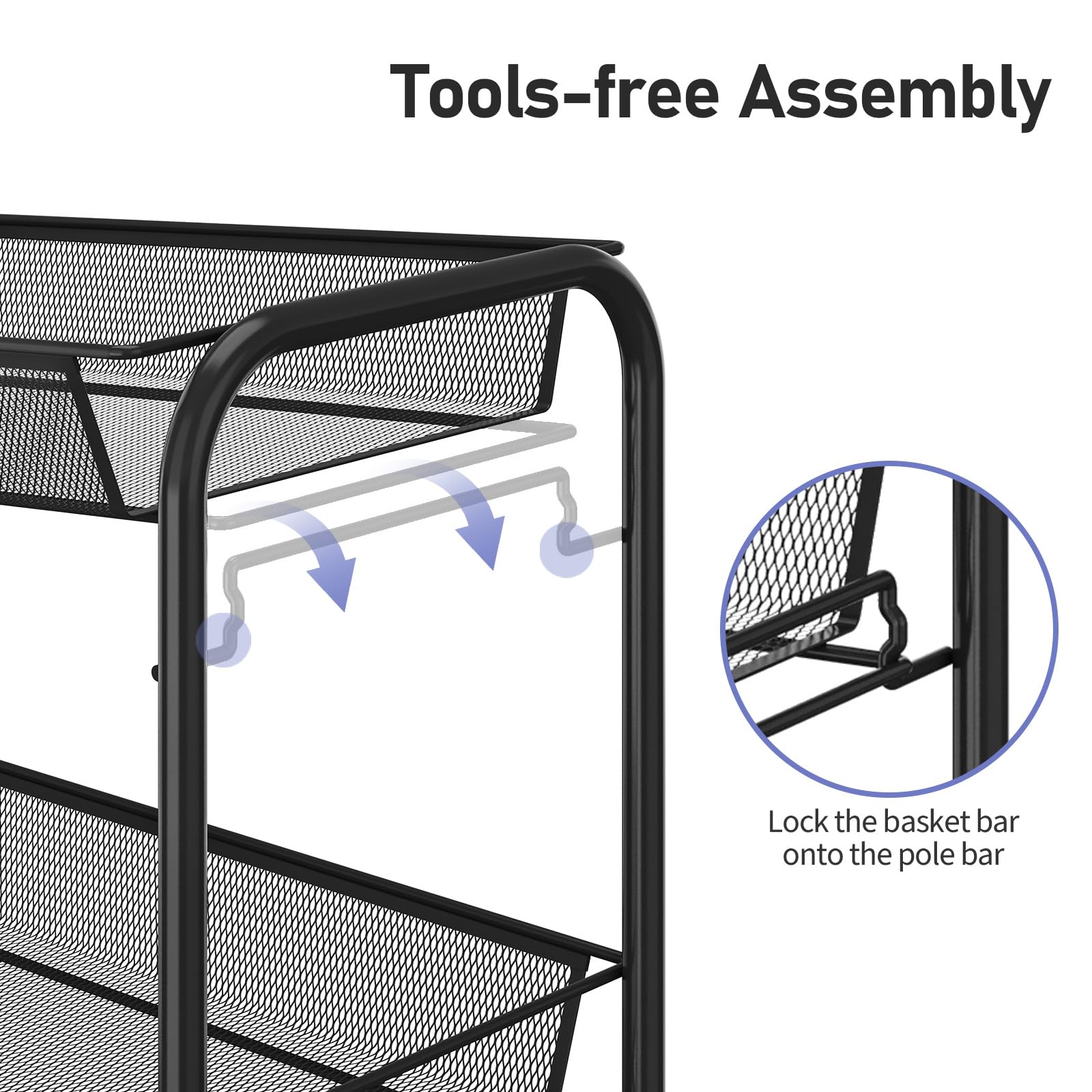 TOOLF 3-Tier Metal Rolling Cart, Mesh Wire Easy Assemble Utility Cart, Storage Trolley on Wheels with 3 Hooks, MetalStorage Shelving Units for Kitchen Bathroom Laundry Room