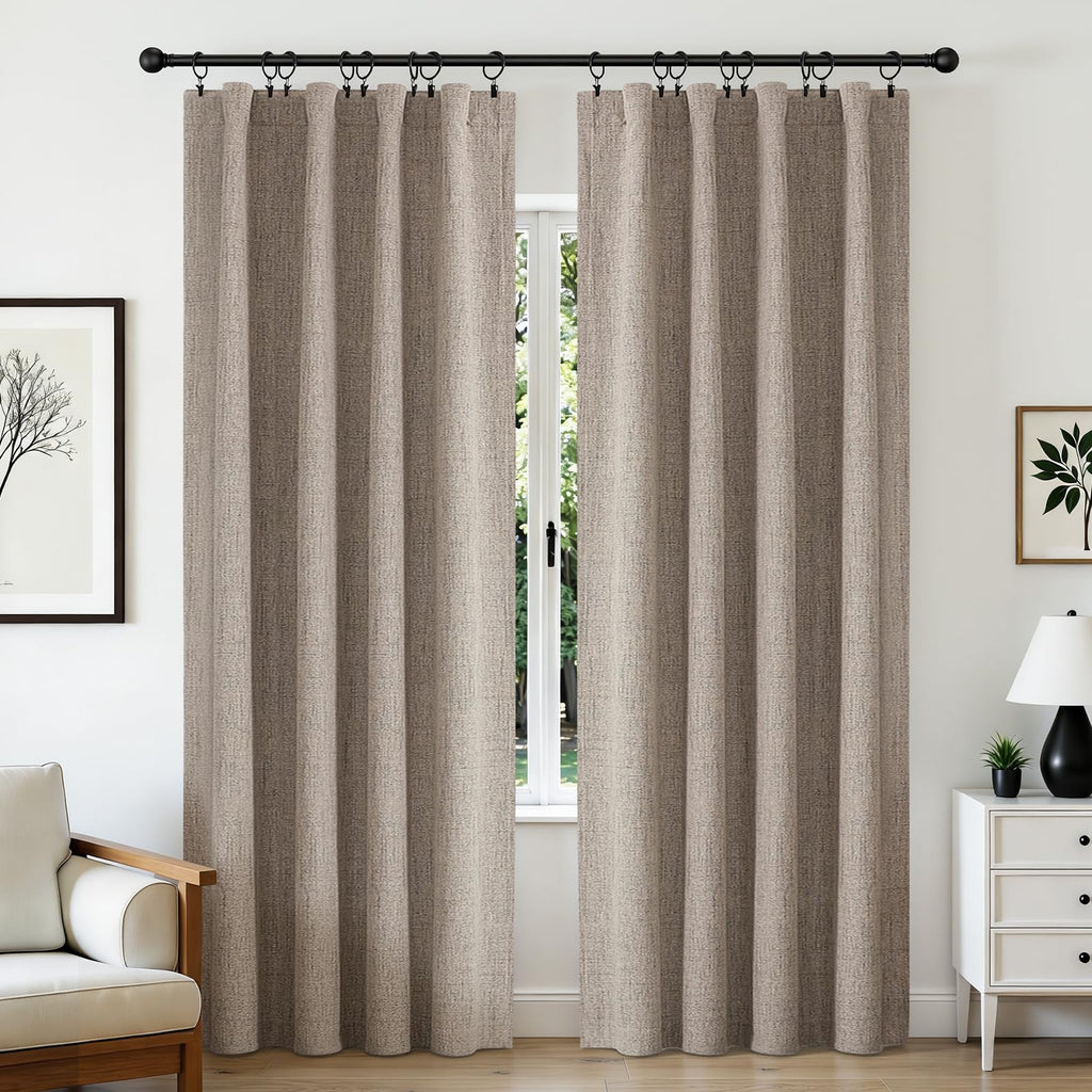CUCRAF 100% Blackout Curtains 2 Panels,Linen Black Out Curtains 84 Inch Long Room Darkening Thermal Insulated Opaque Curtains for Bedroom Living,Back Tab & Rod Pocket (52Wx84L Inch, Linen)