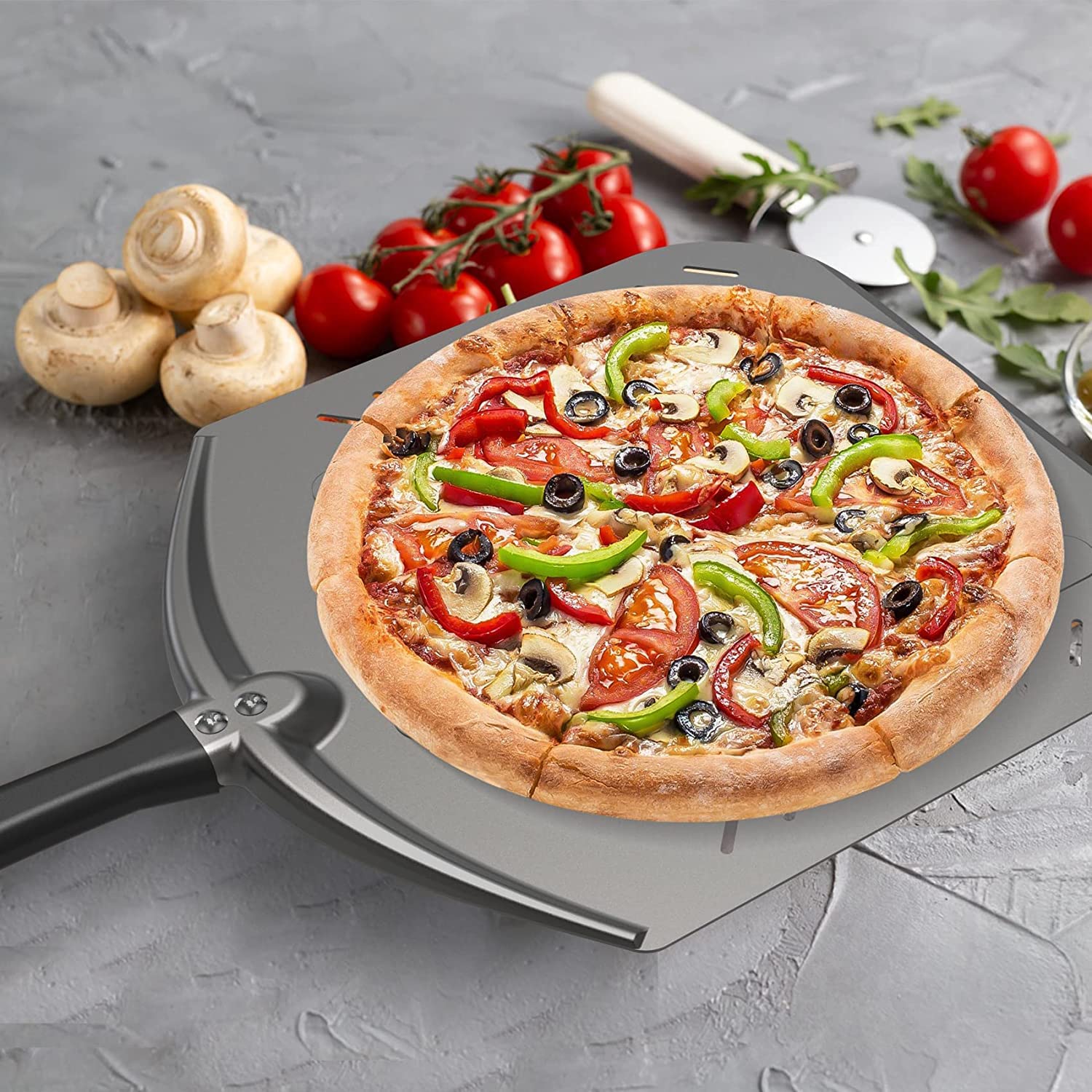 Q Pizza Aluminum Non-Stick Pizza Peel with Strap for Easy Storage, 14" Extra Large Perforated Metal Pizza Paddle for Grill Oven, Pizza Spatula for Baking Bread Pastry Pie Cake Pizza