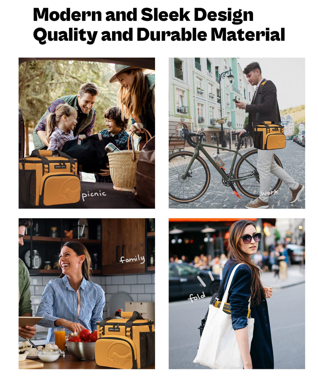SUNNY BIRD 12L Large Insulated Lunch Bag, Leakproof and Foldable Lunch Cooler Box for Women Adult and Men, Fits 18 Cans (Ochre 01)