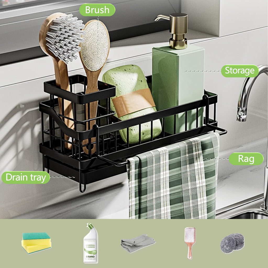 Kitchen Sink Caddy Organizer-Sponge Holder for Kitchen Sink with Brush Holder,Kitchen Organizer Countertop Rustproof, Multi-functional Soap Dispenser,Bath Organizers and Storage Accessories