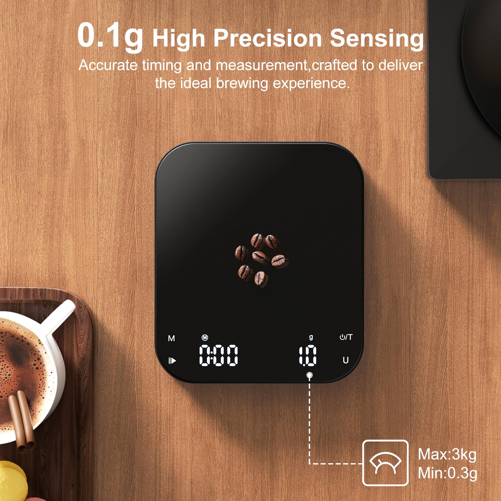 Ultrean Coffee Scale with Timer, 3kg/0.1g High Precision Drip Espresso Scale with Auto Tare, Rechargeable Kitchen Food Scale with Digital LED, Touch Sensor and Silicone Cover, 6 Units, Black
