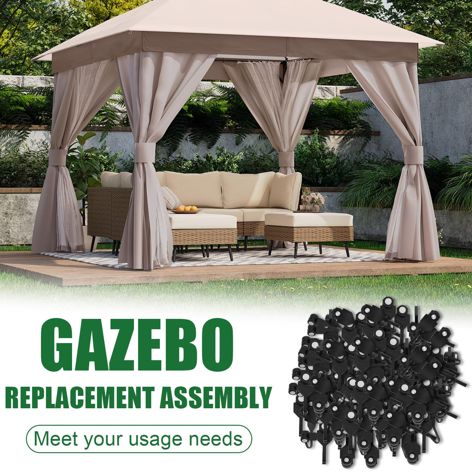 36Pcs Steel Slide Gazebo Hooks with Wheels for Gazebo's Curtains & Mosquito Netting, Gazebo Curtain Hooks for Rails and Tracks of Gazebo