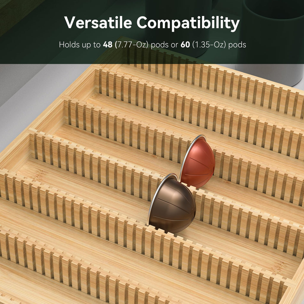 WELL WENG for Nespresso Vertuo Capsules - Premium Bamboo Coffee Pod Drawer Insert Organizer for Counter (48 Big or 60 Small Pods)