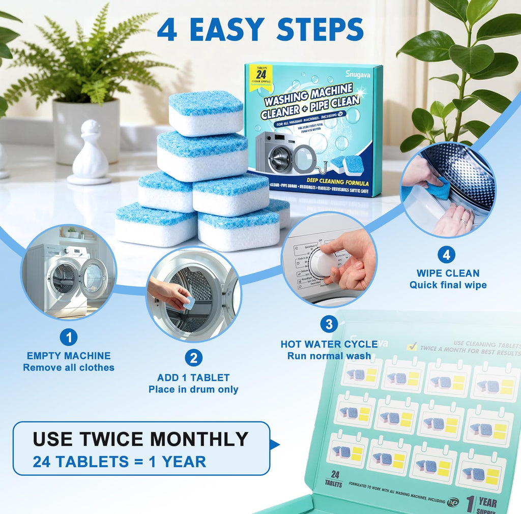 Washing Machine Cleaner Descaler Tablets: 24 Pack Deep Cleaning for Front Loader, Top Load and HE Washer, Septic Safe Eco-Friendly Deodorizer, Clean Drum and Laundry Tub Seal - 1 Year Supply