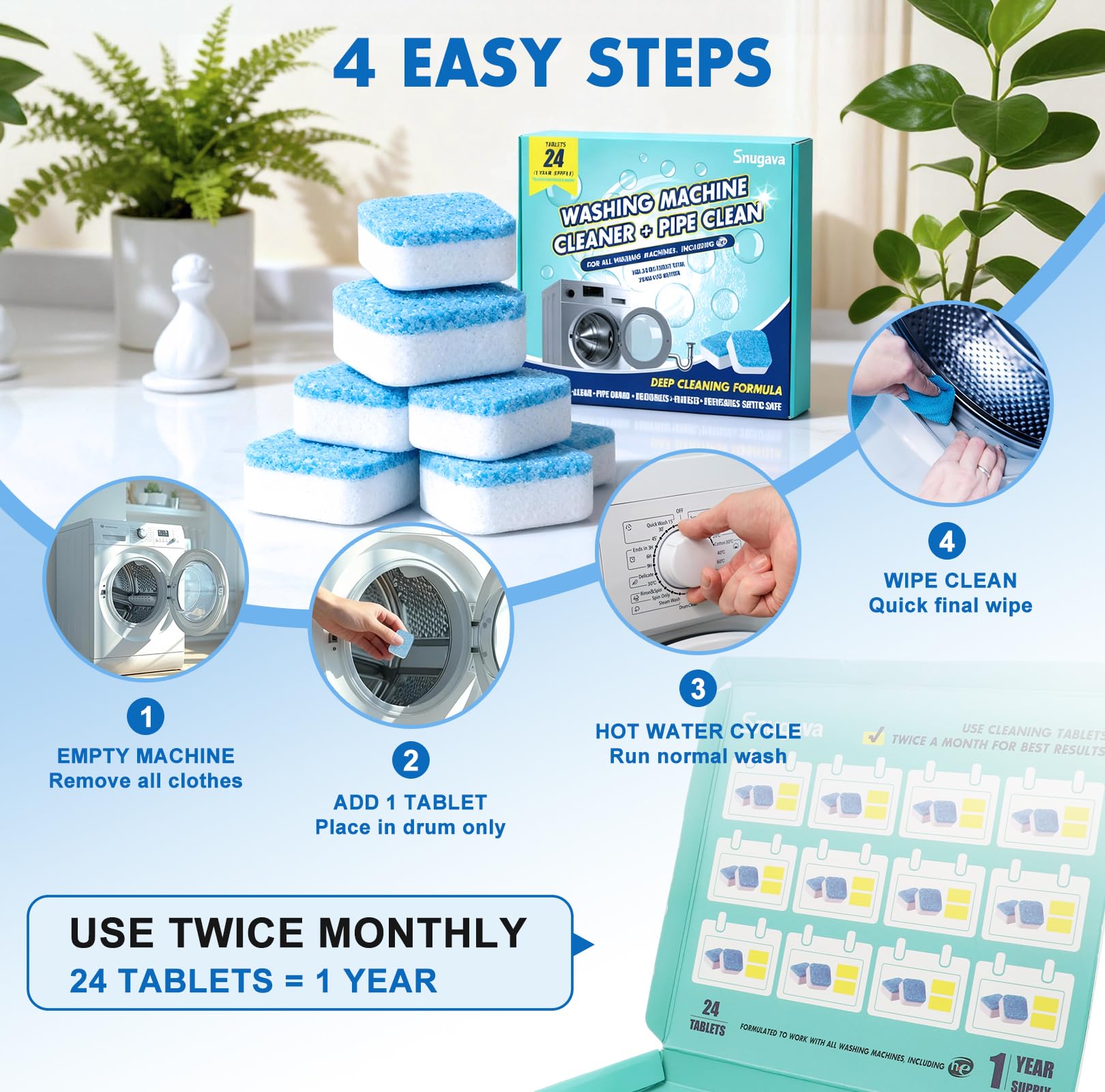 Washing Machine Cleaner Descaler Tablets: 24 Pack Deep Cleaning for Front Loader, Top Load and HE Washer, Septic Safe Eco-Friendly Deodorizer, Clean Drum and Laundry Tub Seal - 1 Year Supply