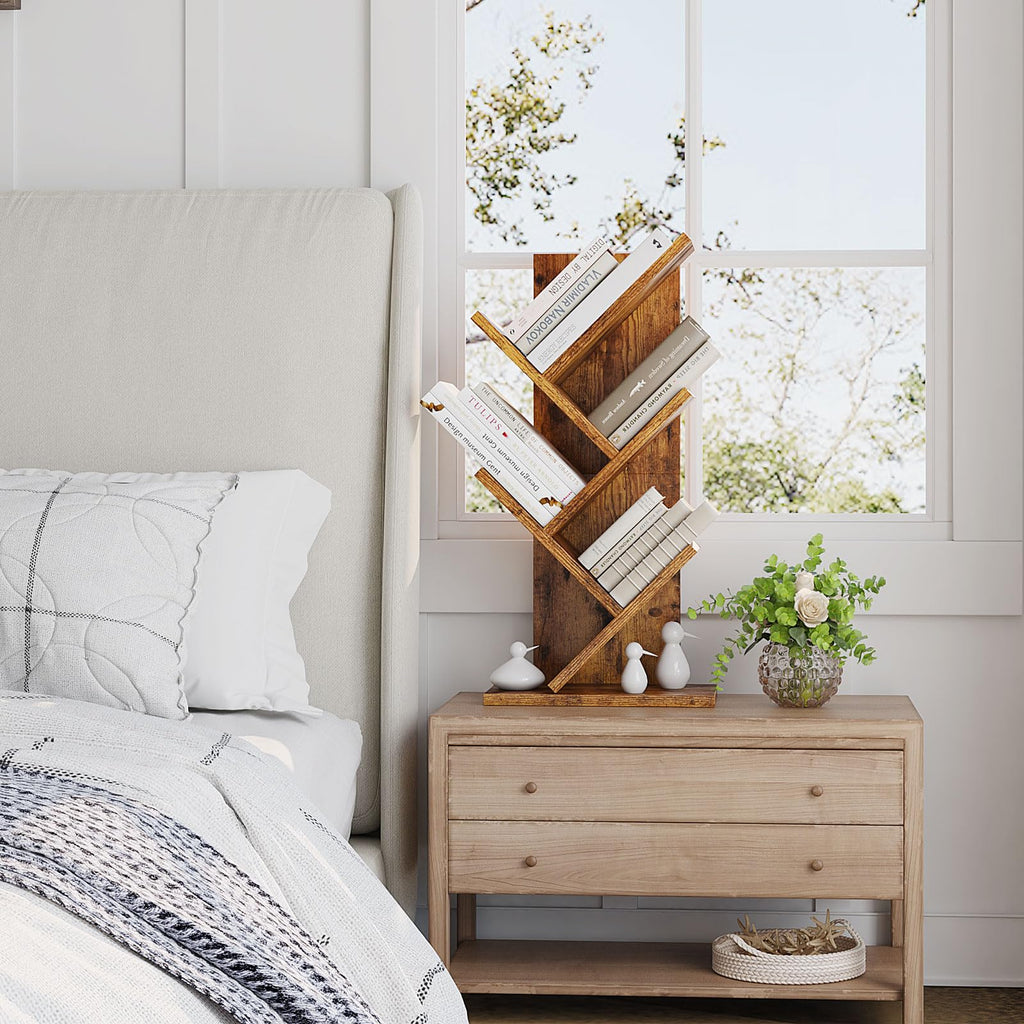 YMYNY 4-Tier Tree Bookshelf, Small Bookcase, Modern Wood Book Storage Rack, Freestanding Book Shelf for Books/Movies/CDs, Narrow Display Rack for Living Room, Home Office, Rustic Brown HBC014H