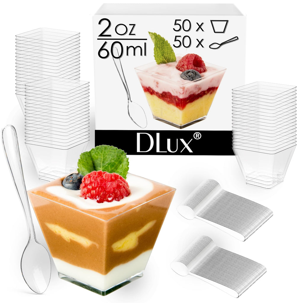 DLux 50 x 2 oz Mini Dessert Cups with Spoons, Square Short - Clear Plastic Parfait Appetizer Cup - Small Reusable Serving Bowl for Tasting Party Desserts Appetizers - with Recipe Ebook