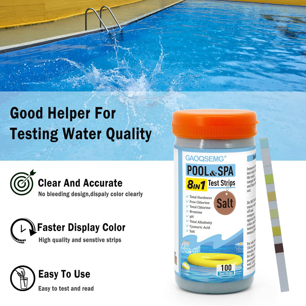 GAOQSEMG 8 in 1 Pool and Spa Test Strips, Salt Pool Test Strips Hot Tub Saltwater Testing Kits Quick & Accurate Testing Salt,Bromine,Chlorine,pH,Hardness,Cyanuric Acid,Alkalinity,100 Strips