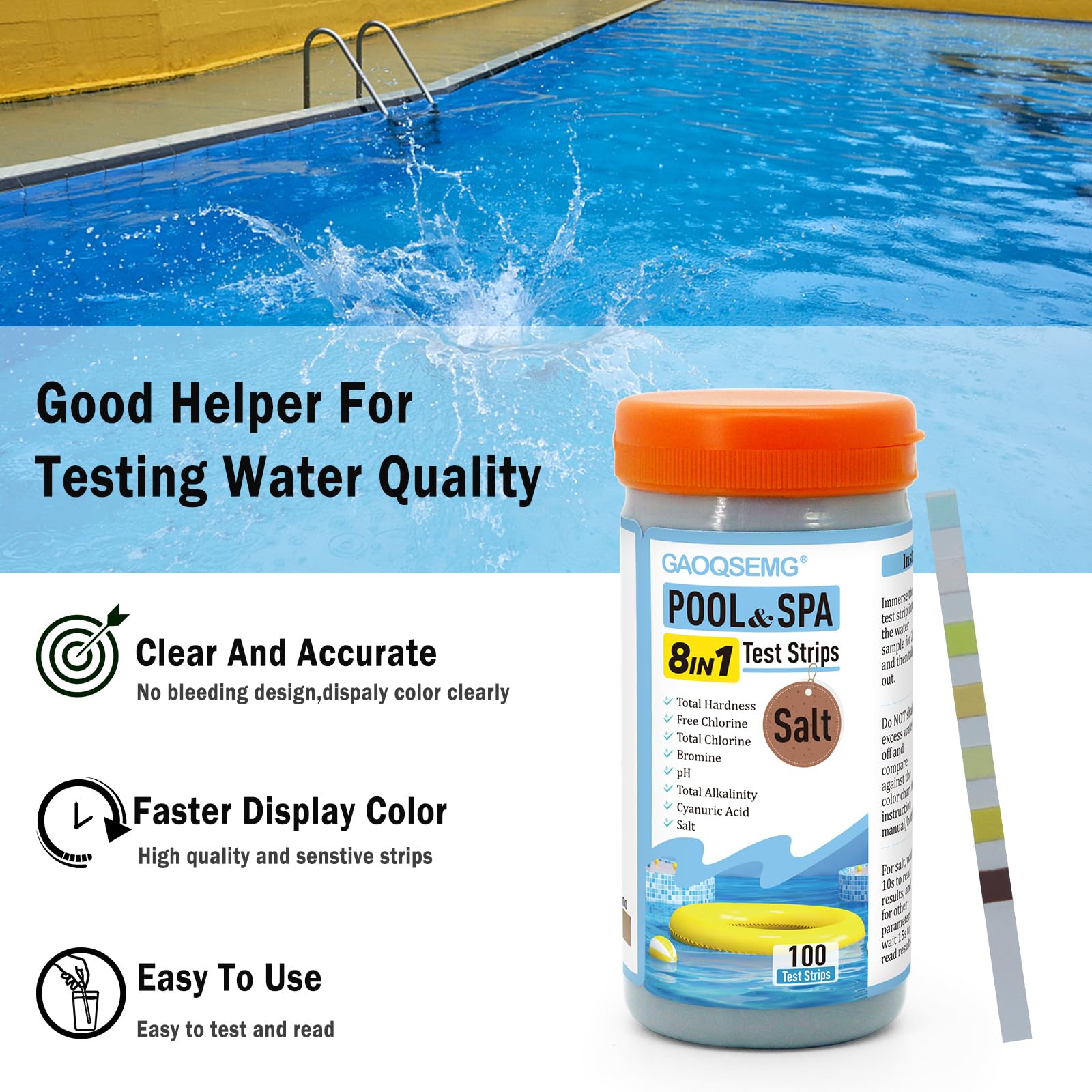 GAOQSEMG 8 in 1 Pool and Spa Test Strips, Salt Pool Test Strips Hot Tub Saltwater Testing Kits Quick & Accurate Testing Salt,Bromine,Chlorine,pH,Hardness,Cyanuric Acid,Alkalinity,100 Strips
