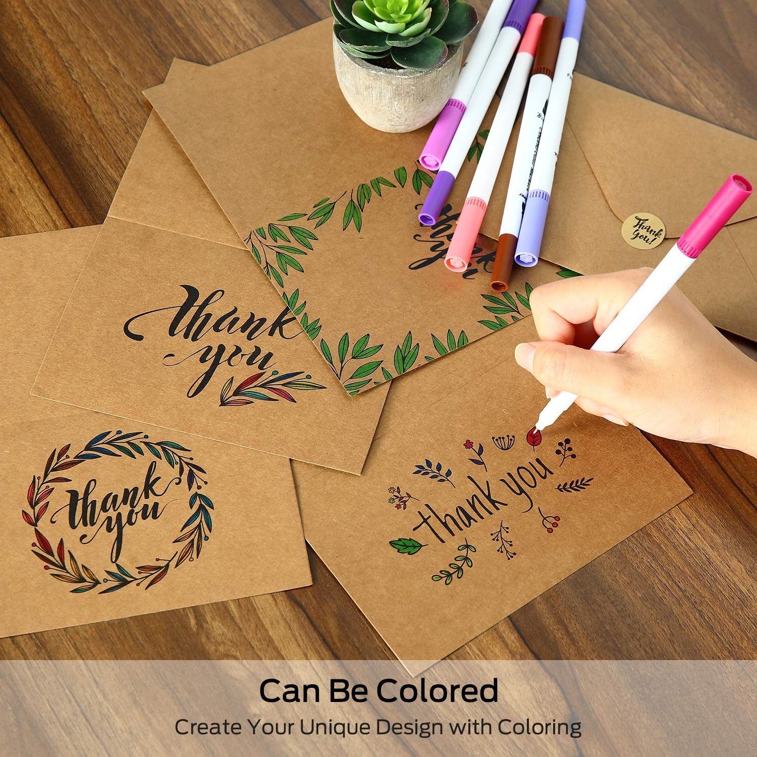 144 Thank You Cards Bulk, Brown Kraft 4x6 Inch Thank You Notes with Envelopes and Stickers, 6 Elegant Designs Greeting Cards for Business, Wedding, Baby Shower, Blank Inside