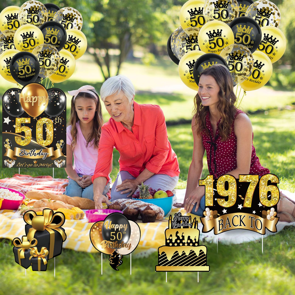 5Pcs 50th Birthday Yard Sign 16" Large Happy Birthday 50th Decorations for Men Women Birthday Party Lawn Signs Decorations with Stakes & 15pc Black Gold 50th Birthday Balloons for 50th Birthday Party