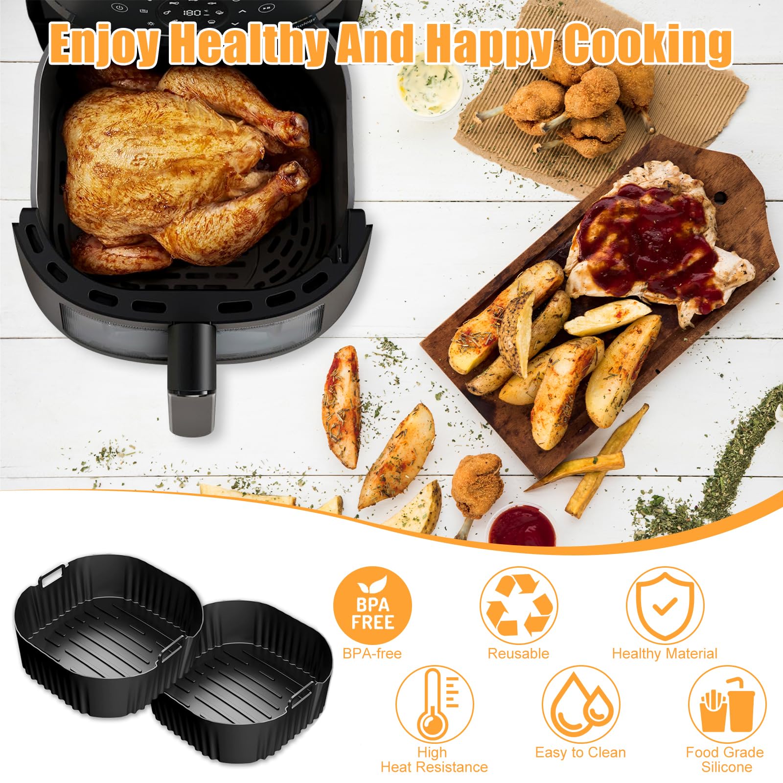 Silicone Air Fryer Liner, 2 PCS 9 Inch Square Air Fryer Basket Liners,Silicone Tray, Air Fryer Inserts for 6 to 9 QT, Reusable Air Fryer Accessories for Cosori Philips Ninja Oven Microwave