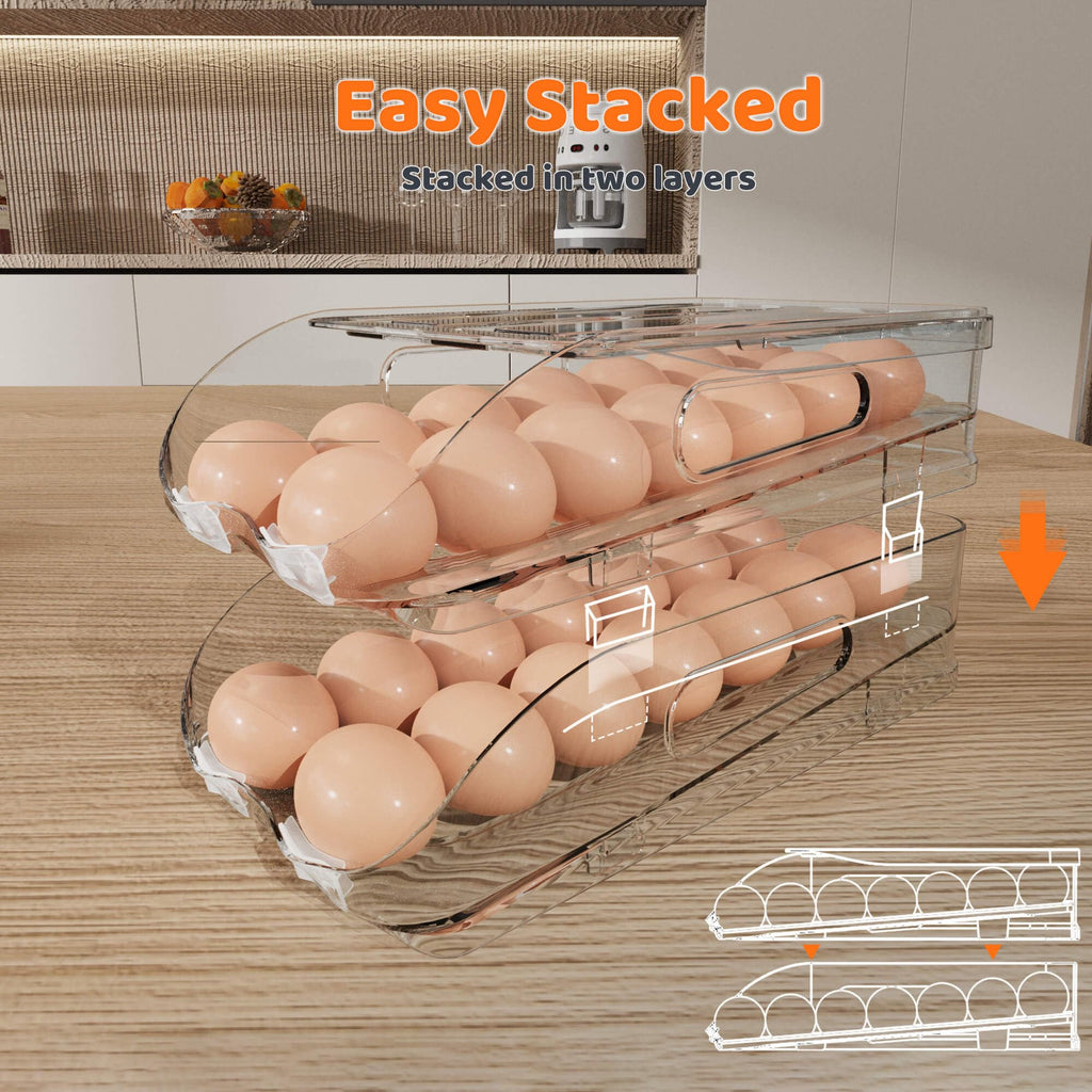 SMRCAD Egg Holder for Fridge, Automatic Stable Rolling Egg Dispenser with Handle & Silicone Pad for Refrigerator, Large Capacity Egg Organizer with Lid (2 Tier Holder 24 Eggs（M SIZE）)