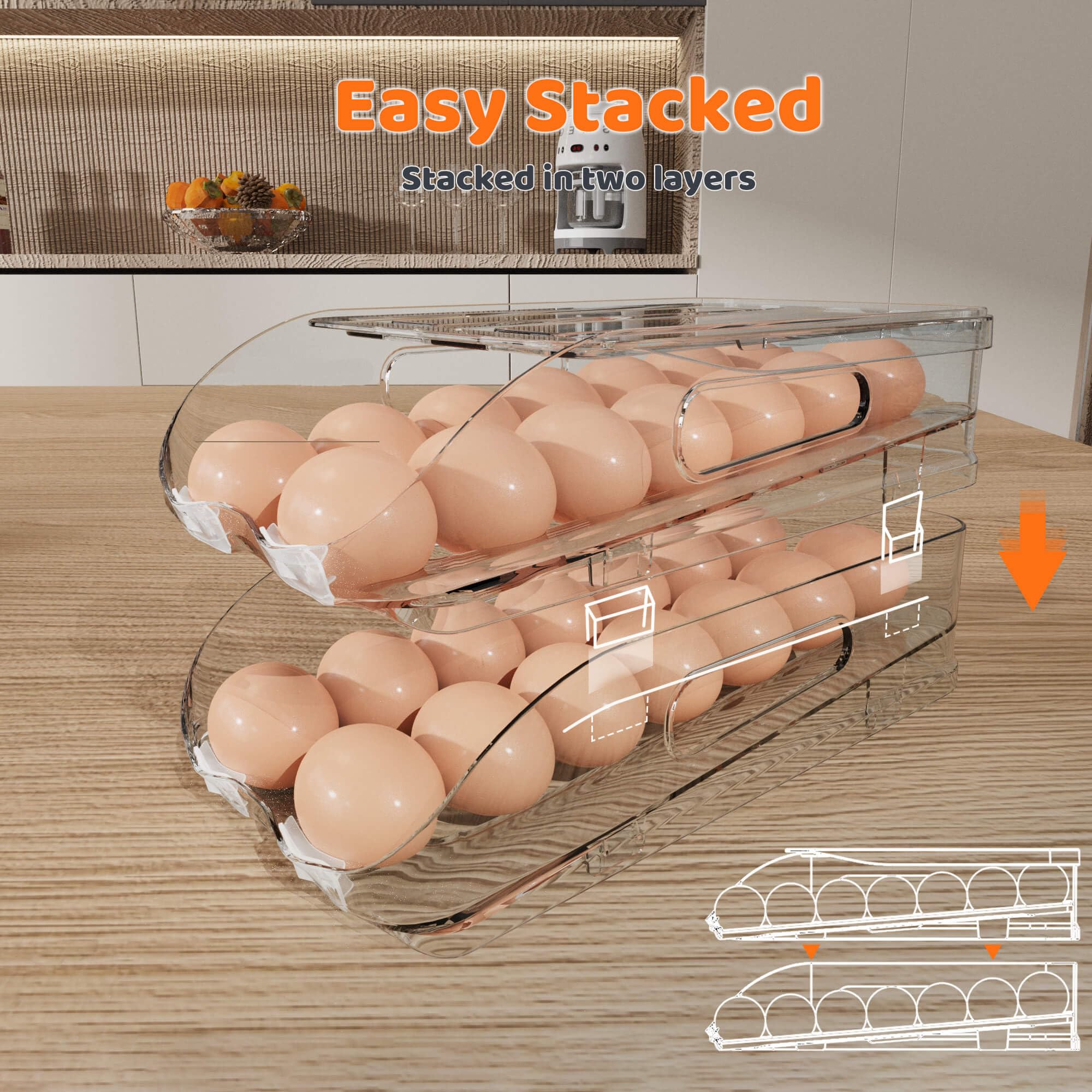 SMRCAD Egg Holder for Fridge, Automatic Stable Rolling Egg Dispenser with Handle & Silicone Pad for Refrigerator, Large Capacity Egg Organizer with Lid (2 Tier Holder 24 Eggs（M SIZE）)