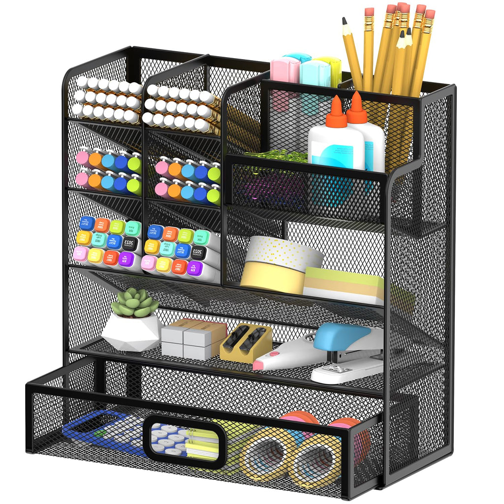 Mesh Pen Holder Desk Organizer, Multi-Function Pen Organizer with Drawer, Cute Desk Organizers and Accessories for Office Supplies Black